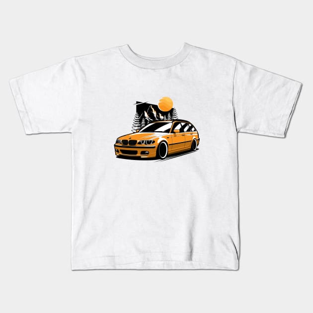 Yellow E46 Touring Mountains Kids T-Shirt by KaroCars